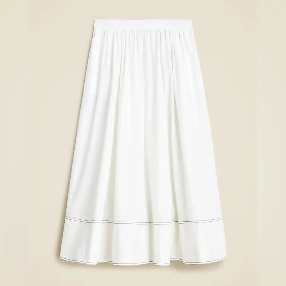 NWT J CREW Contrast-stitch midi skirt in cotton poplin in white